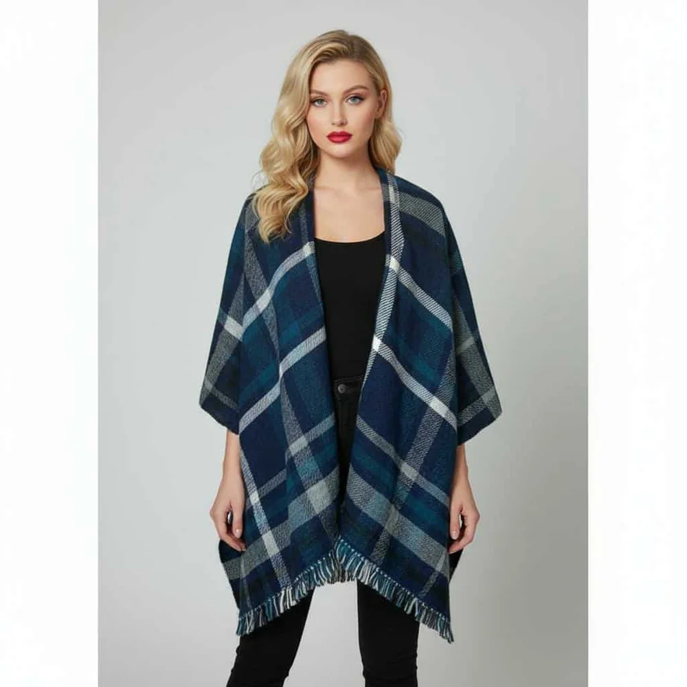 Steve Madden Blue Turquoise Reversible Plaid Houndstooth Shawl Scarf Wrap - Picture 1 of 13